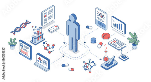 Isometric healthcare technology network vector illustration for medical research and innovation