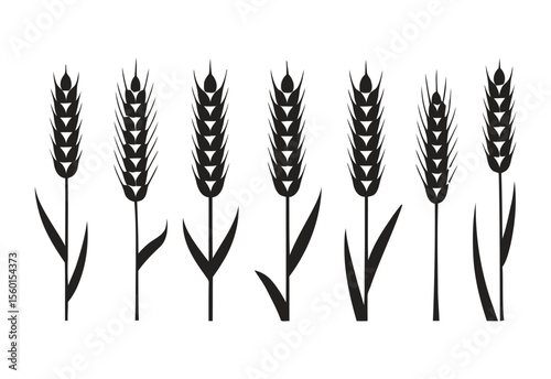 Set of seven stylized black wheat stalks with leaves on a white background
