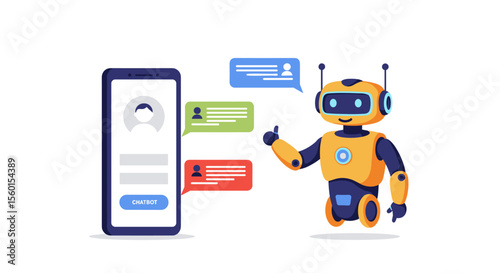 Futuristic chatbot and smartphone interaction vector illustration for technology and communication design