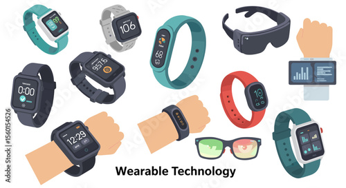 Wearable technology vector illustration featuring smartwatches, fitness trackers, and augmented reality glasses in modern flat style for gadgets design
