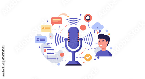 Podcasting concept with microphone and speech bubbles vector illustration