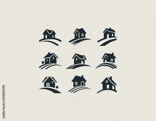 Collection of diverse black house silhouettes gracefully situated on gentle curved landscapes. Real estate concept