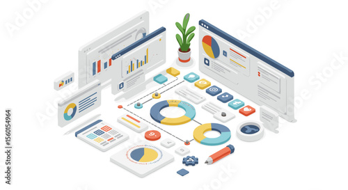 Isometric business analytics infographic with charts and data elements for digital design