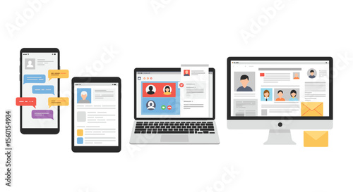Communication technology vector illustration: devices with messaging and video call interface for digital communication design