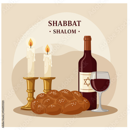 Shabbat Shalom card with candles, challah bread, and wine, stylish flat vector composition  