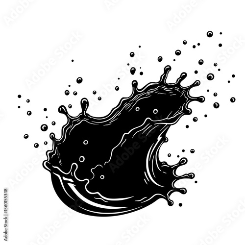 Ink Splash in Motion: A dynamic monochrome portrayal of ink splash, with the liquid elegantly suspended mid-air, capturing the essence of fluid motion and creative energy.