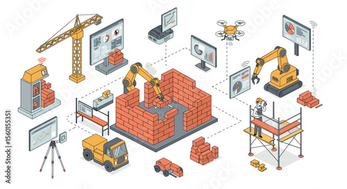Construction technology and robotics in building site vector illustration for design projects