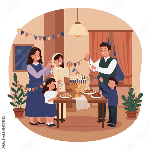 Jewish family decorating home for Hanukkah and placing menorah on table  