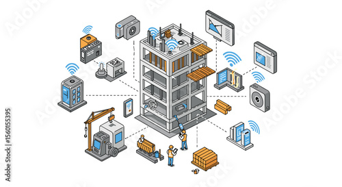 Smart building construction site with technology integration and iot devices vector illustration
