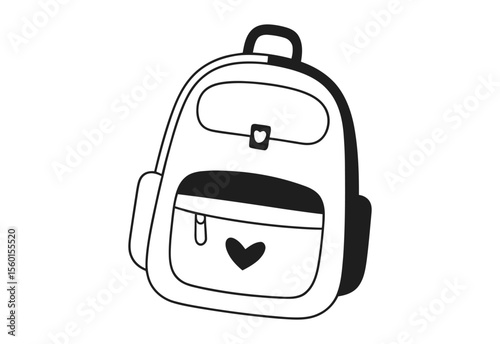 Cute black and white doodle of a backpack with a heart detail