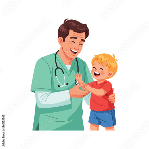 A smiling doctor examines a happy young boy in a medical setting, both appearing cheerful and engaged.