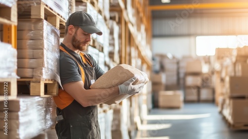 Warehouse worker inspecting a package while standing among stacked pallets in a distribution center