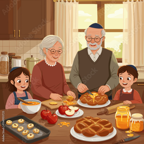 Grandparents and children preparing traditional food for Rosh Hashanah in cozy kitchen  