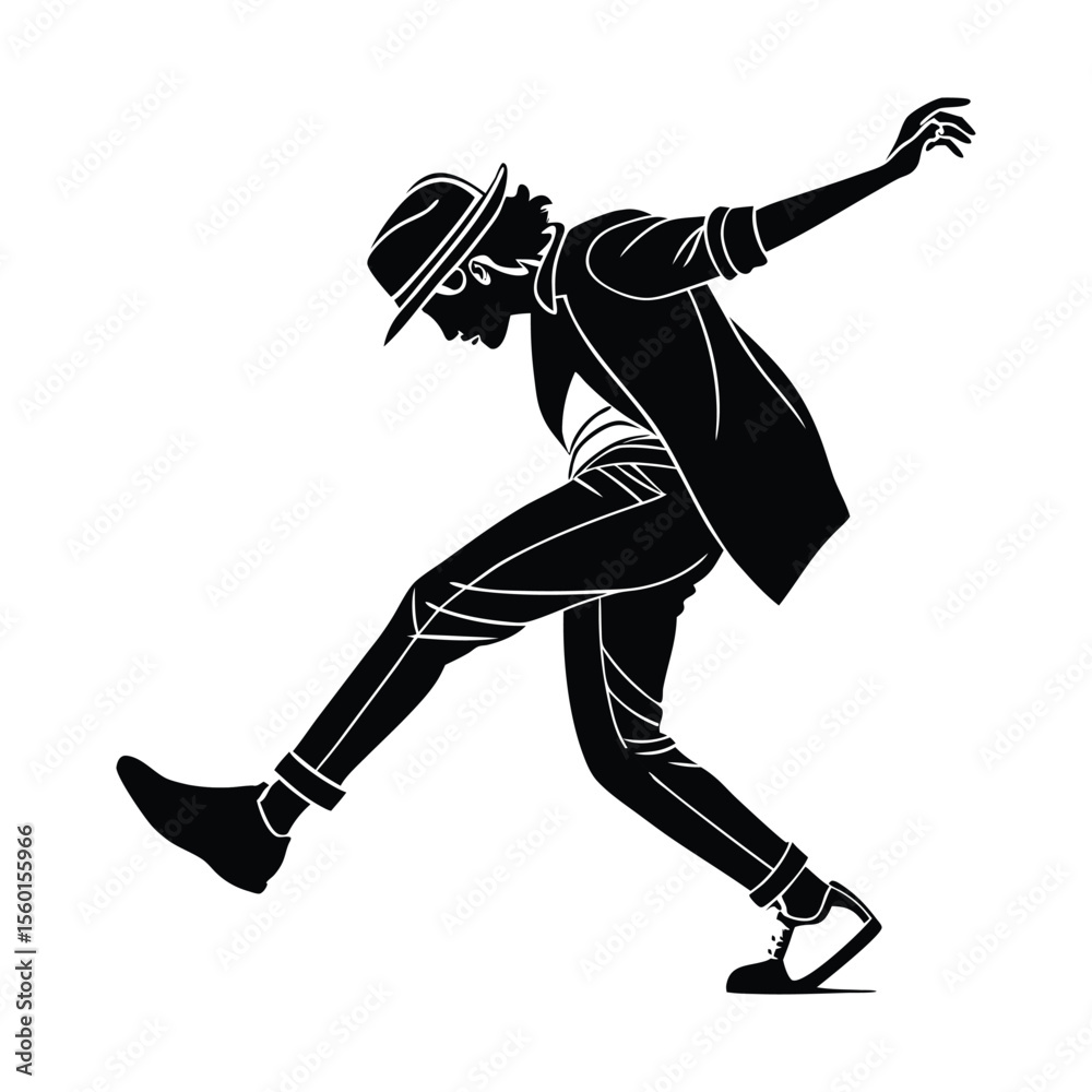 Black silhouette of a man dancing in a hat and suit, ideal for dance, urban, or entertainment designs. Vector illustration with dynamic movement