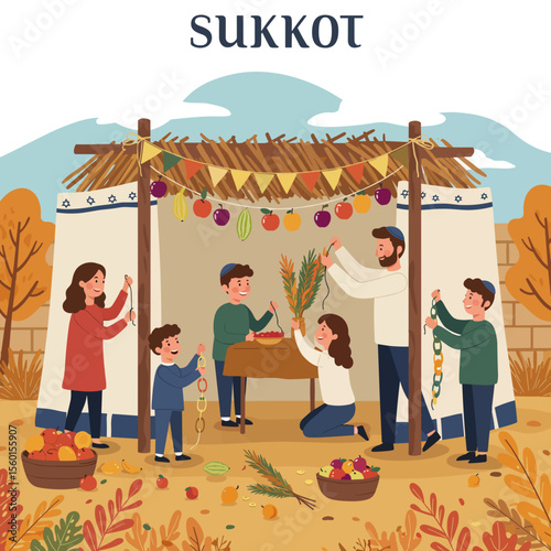 Family decorating Sukkah for Sukkot celebration in autumn scenery  
