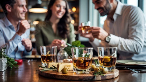 Whiskey glasses and a cheese board on a table while colleagues socialize in the background of a modern bar after work.