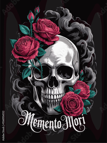 Gothic vector illustration of a skull with red roses and smoke, featuring the phrase Memento Mori. Dark romantic art perfect for tattoos, t-shirts, and alternative designs.