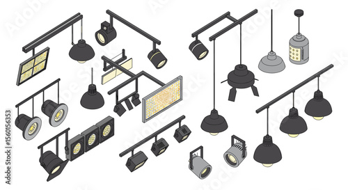Collection of modern ceiling lamps vector illustration for interior design projects in isometric style