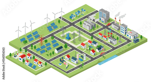 Sustainable energy community vector illustration in isometric style featuring solar panels and wind turbines