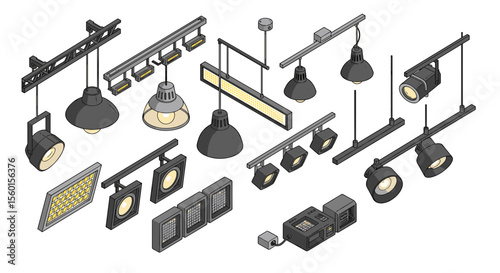 Isometric lighting equipment vector illustration: modern industrial design for posters and graphics