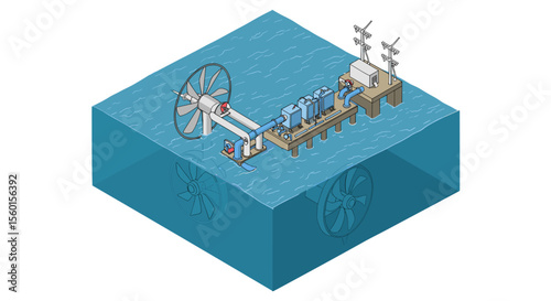 Tidal energy generation isometric vector illustration for renewable energy design