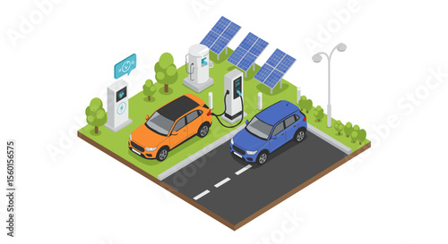 Isometric vector illustration of electric cars charging at solar-powered station with eco-friendly design