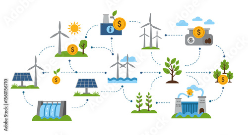 Renewable energy sources vector illustration: wind, solar, and hydroelectric integration for sustainable energy design