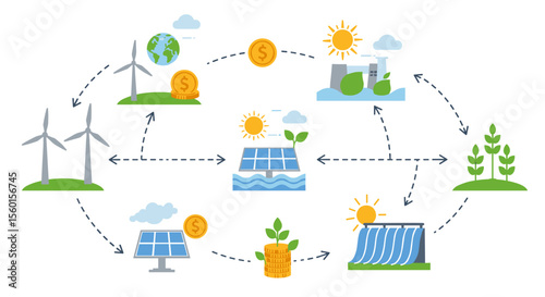 Renewable energy and sustainable development cycle vector illustration for educational design