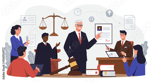 Legal team collaboration vector illustration - office scene with lawyers and judge