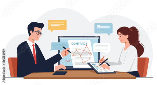 Business collaboration vector illustration: teamwork and contract discussion for professional design