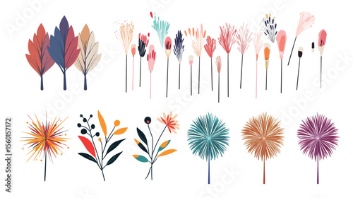 Colorful Fireworks Exploding in Holiday Colors on White Background, Festive Celebration Vector Illustration with Bright Sparks and Burst Effects