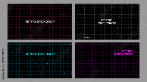 Vector illustration. Retro futuristic grid pattern with scratched texture background. Set of y2k style neon backdrops. Design for web banner, presentation template, horizontal wallpaper