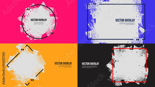 Vector illustration. Hand drawn abstract color overlay set with linear frame. Ink brush strokes mess. Design for horizontal web banner, panoramic wallpaper, frame. Paint splatter and halftone dots