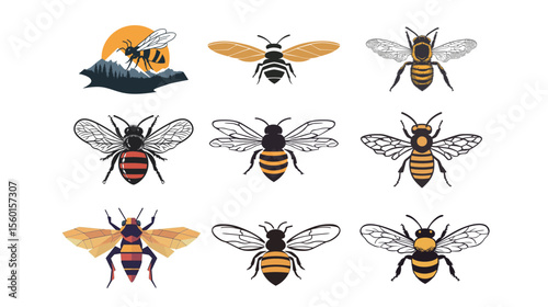 Flat Design Bee Vector Icon in Bold Colors, Minimalist Insect Illustration with No Gradients