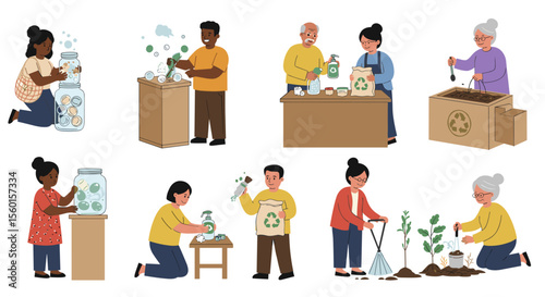Diverse characters engaging in eco-friendly activities vector illustration for environmental posters