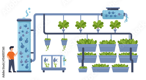 Vector illustration of sustainable aquaponics system for urban farming in flat design