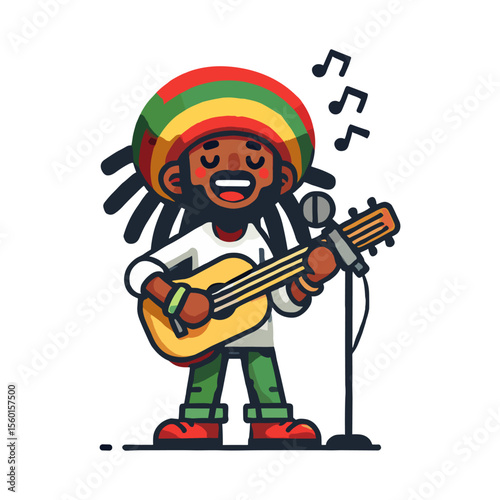 Cartoon Rasta Man Playing Guitar Singing With Microphone in White Background