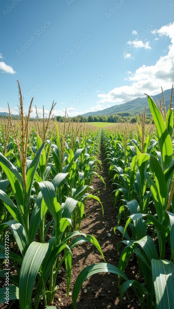 Fototapeta premium Vibrant cornfield with blue sky and mountain background on a sunny day
