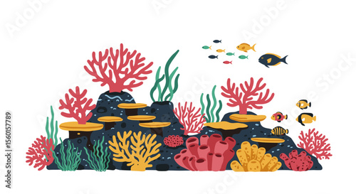 Underwater coral reef scene with marine life vector illustration for ocean-themed design