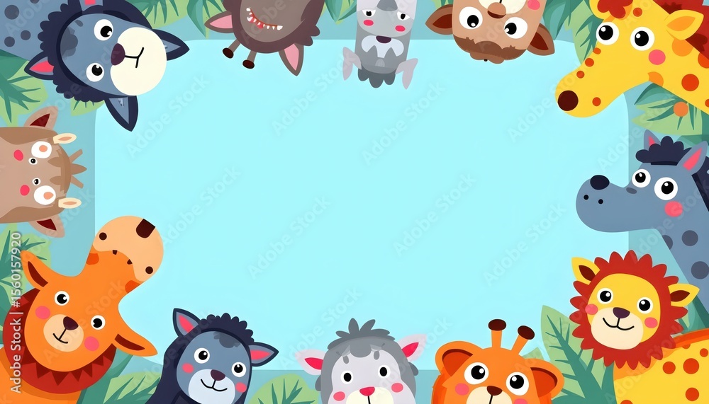 Fototapeta premium Cute cartoon animals surround a large empty blue frame