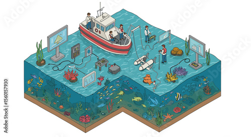 Isometric vector illustration of marine research expedition with underwater technology and ocean exploration