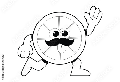 Cartoon wheel character with a mustache and tongue sticking out running happily