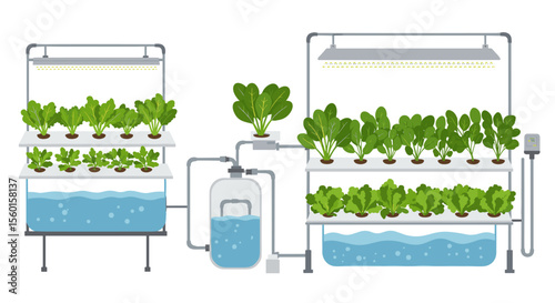 Hydroponic farming system setup with growing vegetables vector illustration