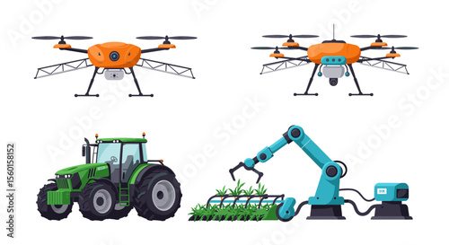 Agricultural technology vector illustration: drone and robot for smart farming, design for educational posters and infographics