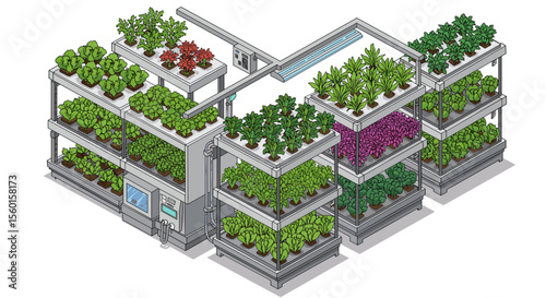 Isometric vector illustration of indoor hydroponic farming system for sustainable urban agriculture design