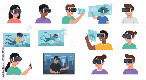 Diverse characters experiencing virtual reality adventures vector illustration