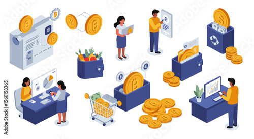 Isometric vector illustration of cryptocurrency activities and transactions for financial design