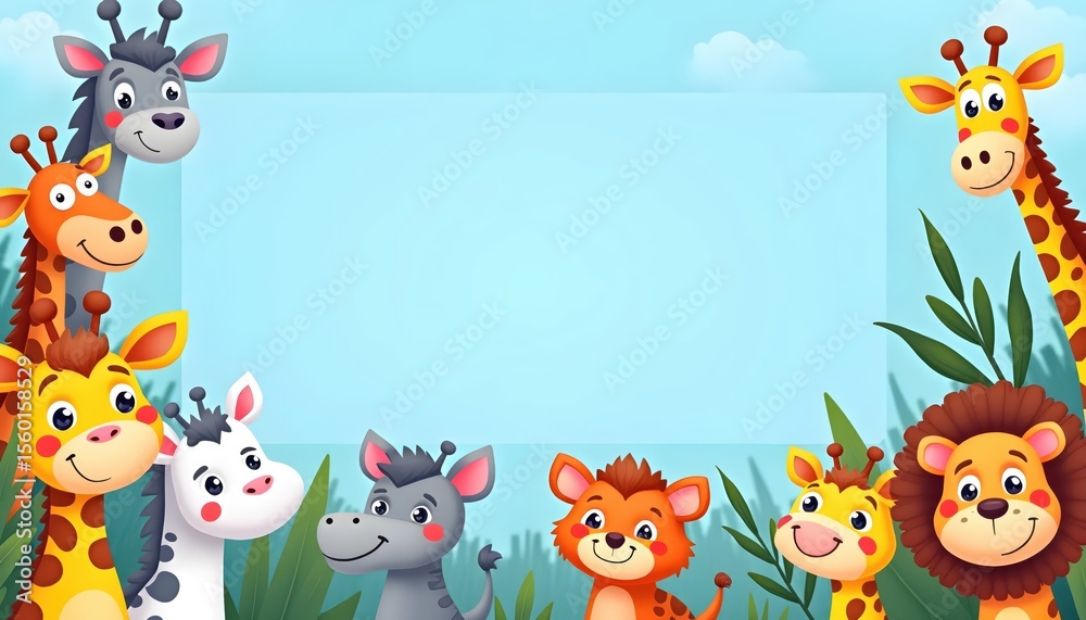 Naklejka premium Cute cartoon animals surround a large empty blue frame