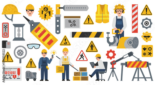 Workplace safety and construction vector illustration for industrial design and training materials
