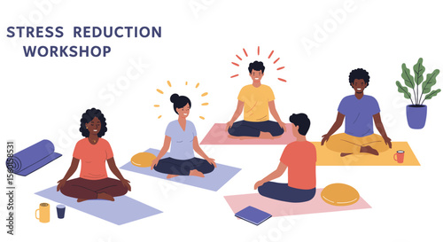 Stress reduction workshop with people meditating in group - flat vector illustration for wellness and relaxation design